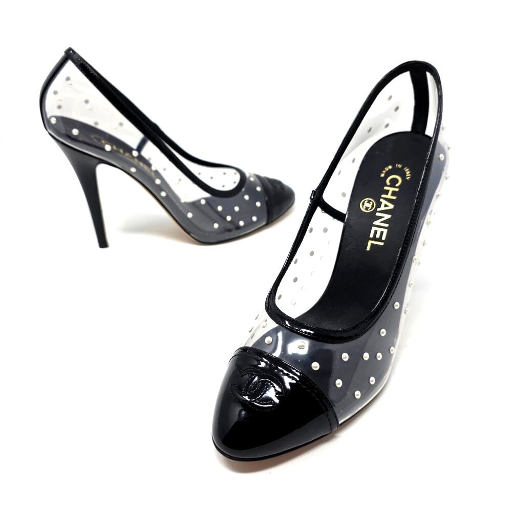 Chanel Cap Toe Black White Pearl Clear Logo Heels Patent Leather Pumps 39.5